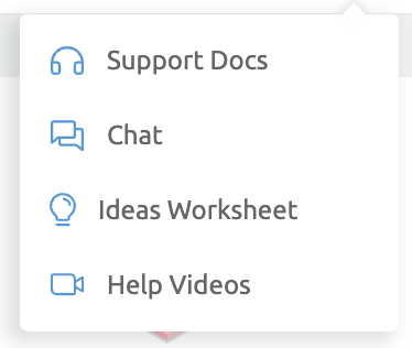 Outgrow support options, including live chat, ideas worksheets and videos