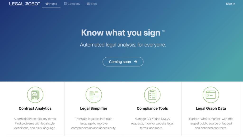 Legal Robot homepage: AI tools for lawyers