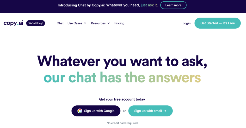 Copy.ai Homepage: Best AI tools for bloggers