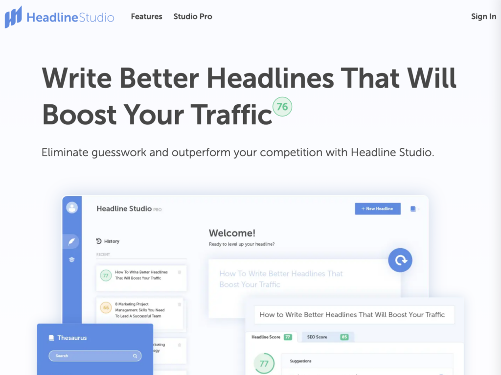Headline Studio Homepage: Best AI tools for bloggers