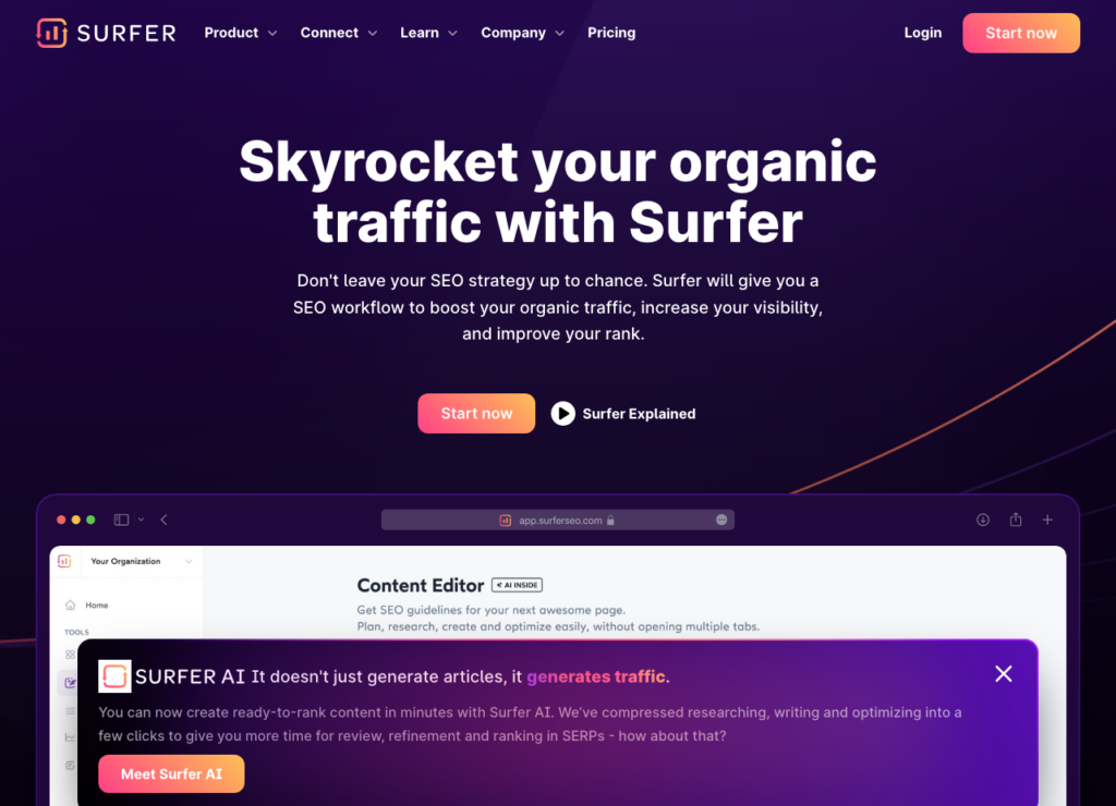 Surfer SEO homepage: best AI tools for marketing