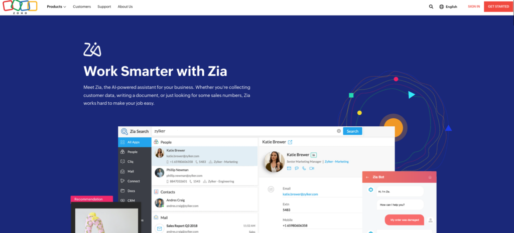 Zoho Zia Homepage: Best AI tools for small businesses
